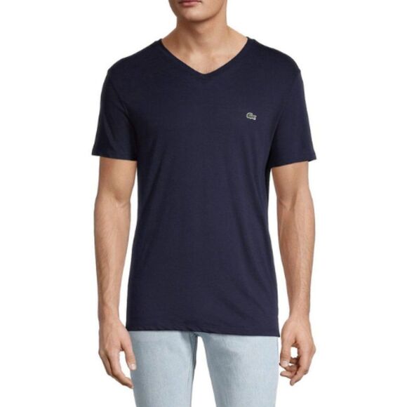Lacoste Men's Navy Blue Short Sleeve V-Neck Jersey T-Shirt Size Medium - Picture 1 of 12